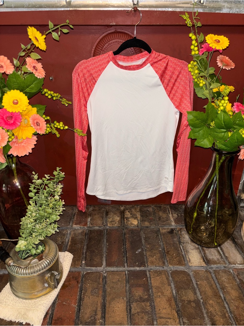 Women's White Long-Sleeve Raglan Tee with Coral Pink Sleeves